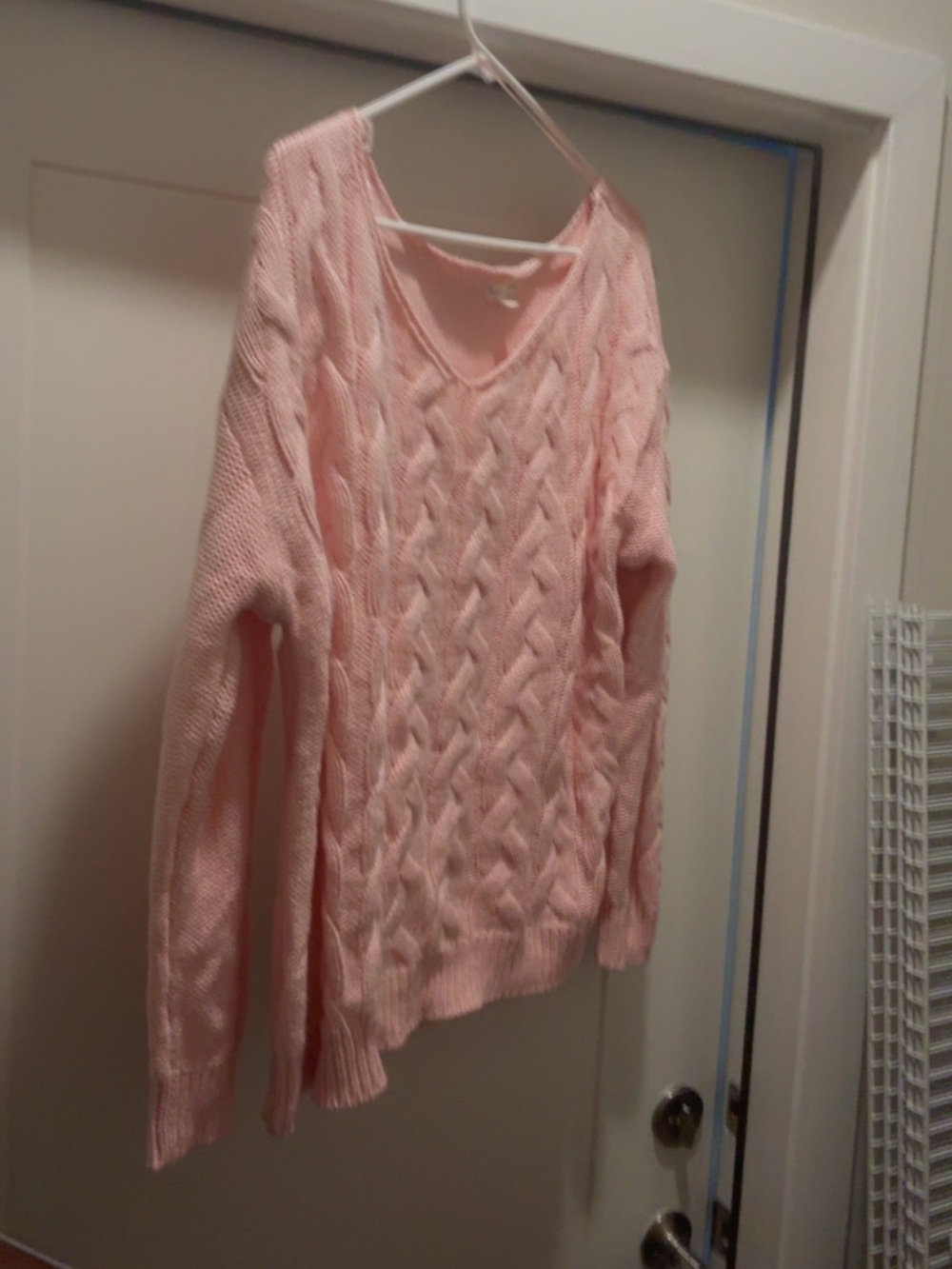 Soft Pink Cable Knit V-Neck Sweater
